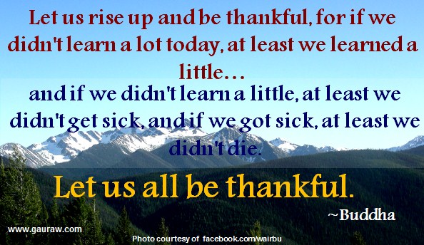 Let us rise up and be thankful, for if we didn't learn a lot today, at least we learned a little, and if we didn't learn a little, at least we didn't get sick, and if we got sick, at least we didn't die; so let us all be thankful. ~Buddha