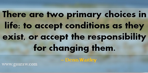 There are two primary choices in life: to accept conditions as they exist, or accept the responsibility for changing them ~Denis Waitley