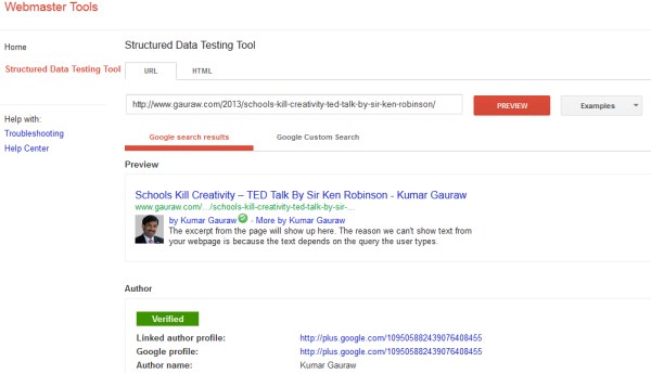 Google Authorship Verification Screen Using Structured Data Testing Tool for Building Brand Identity