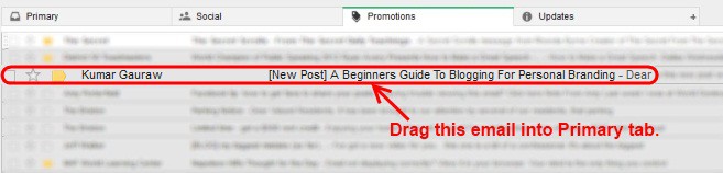 Find Emails from Kumar Gauraw in Promotions Tab and Drag into Primary Tab