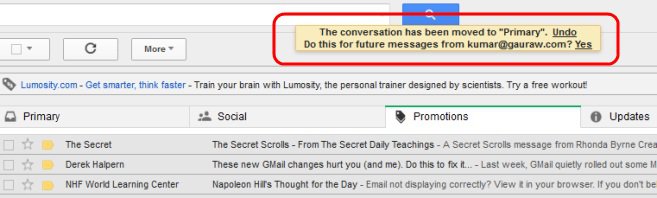 Gmail Warning Message When Message Moved To Primary- Say Yes