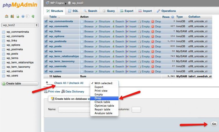 Drop all MyDQL database tables using phpMyAdmin interface as shown