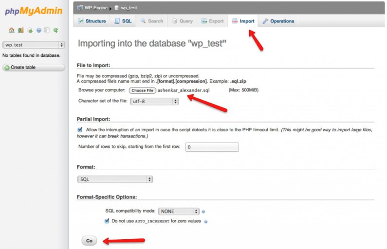 Import MySQL tables into the new database using phpMyAdmin interface