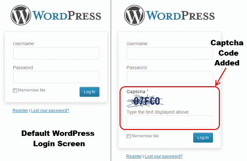 WordPress Login Screen -Default Vs Captcha Code Added