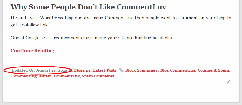 Blog Home Page - Updated Date Published After The Post Teaser And Continue Link In Meta Section