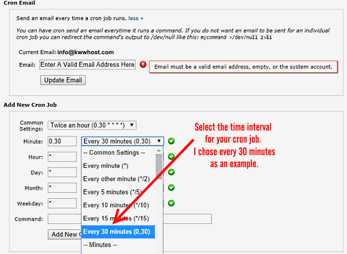 Select Time Interval and enter cron job command to execute using cPanel on web hosting server