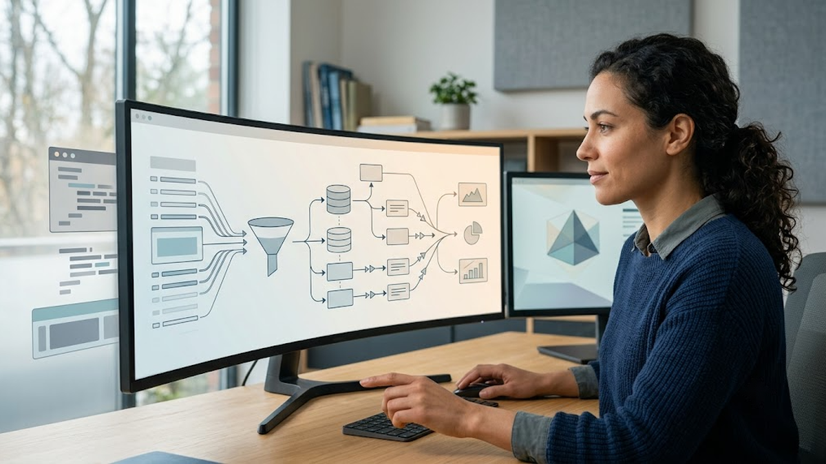 A software developer studies an abstract AI-assisted system architecture across multiple monitors.