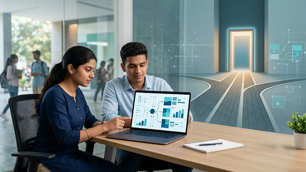Two Indian students review an abstract AI career-path dashboard beside converging paths leading to a narrow illuminated doorway.