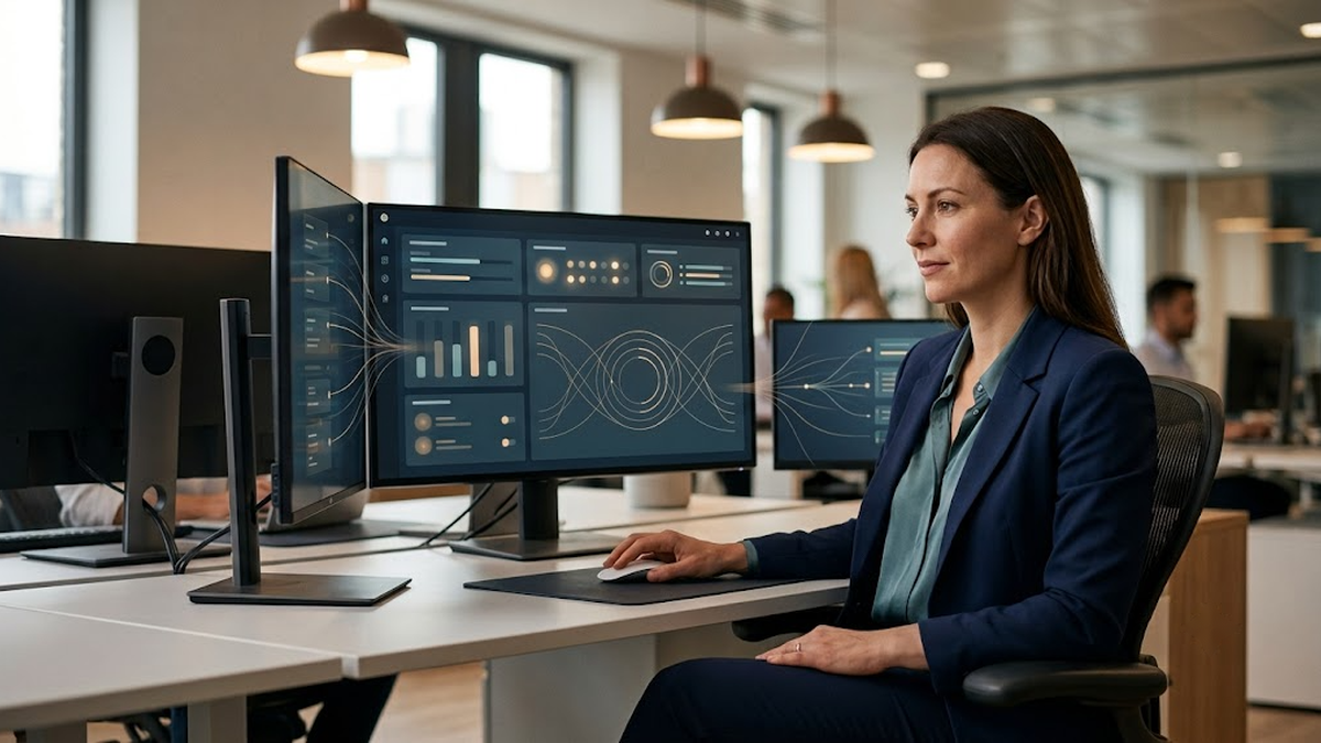 A professional woman at a modern office workstation monitors abstract AI-agent workflows across multiple screens.